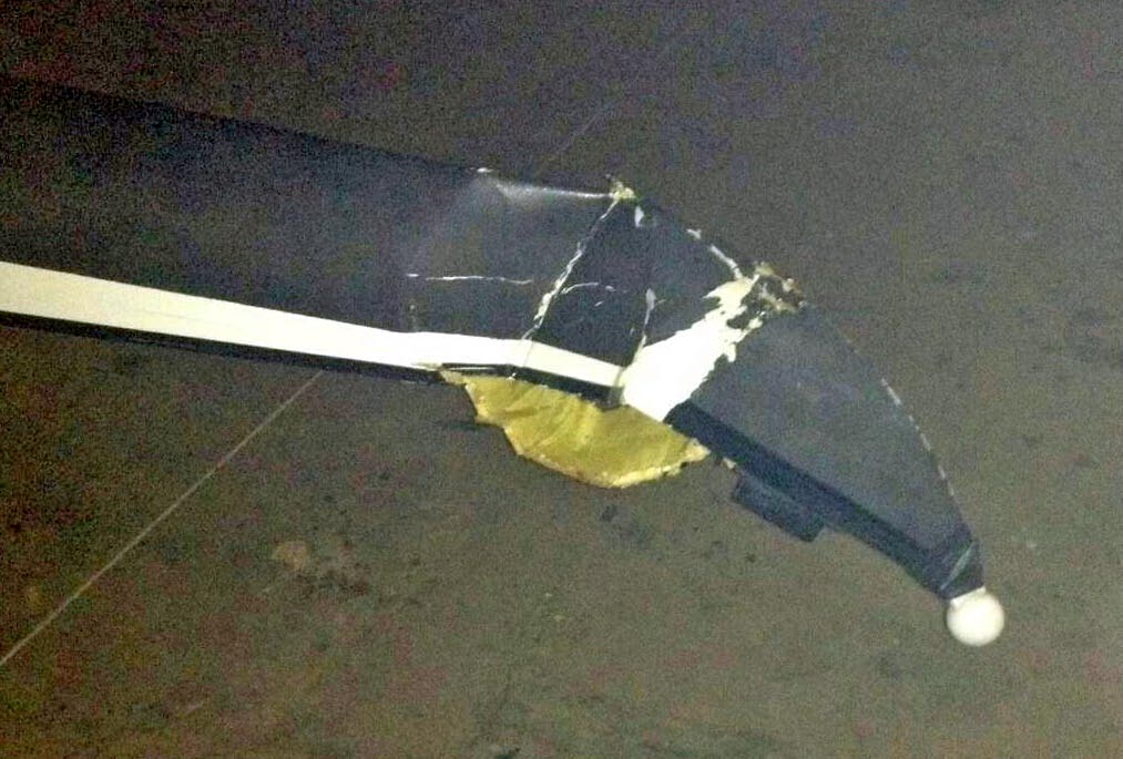 bow repair: The shattered hull of Saratoga Racing Association's Swift Quad after it hit a dock at speed.